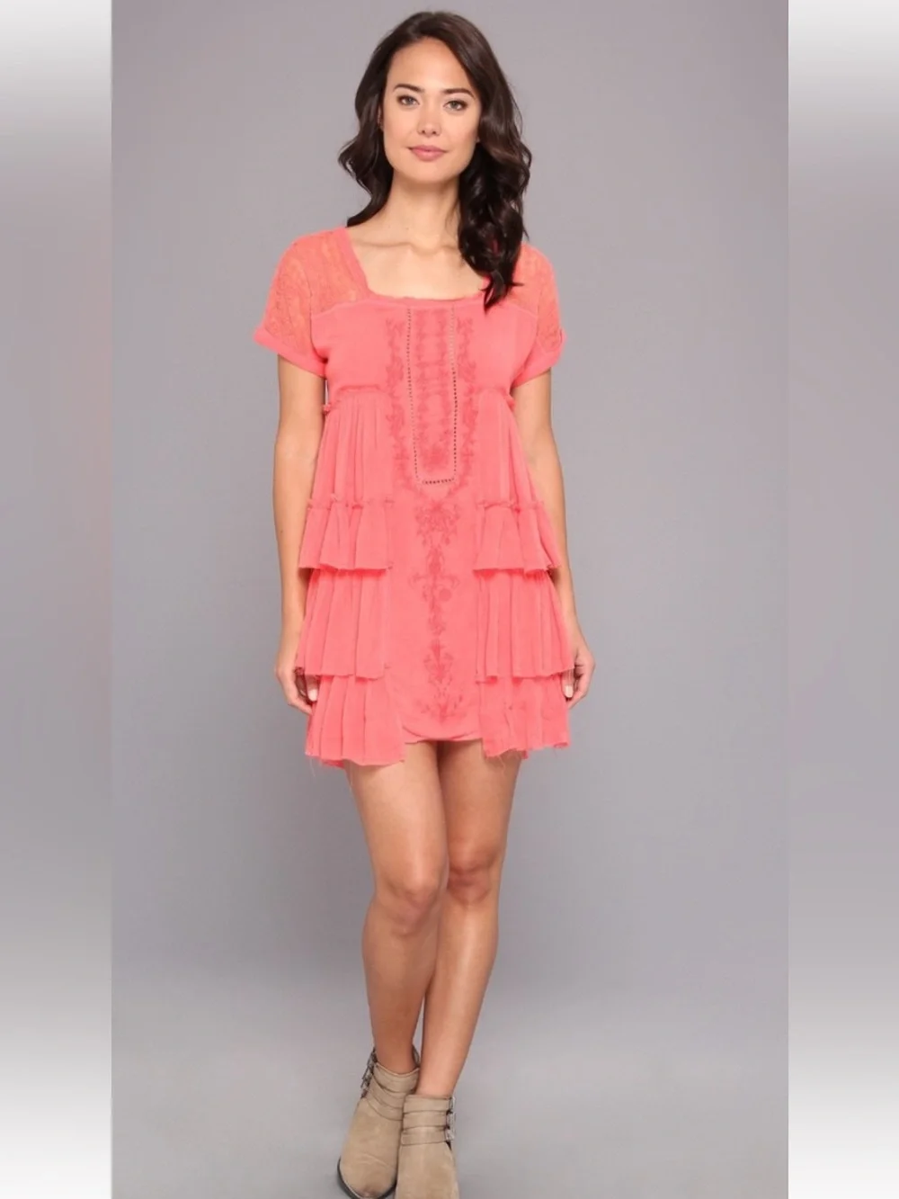 Free People Coral Sunbeams Tiered Lace Mini Dress NWOT